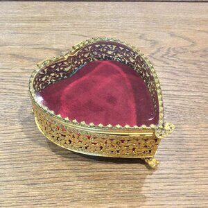 Vintage Ornate French Gilt Ormolu Basket Florals Details Heart Display Box